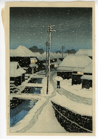 <span class="tw-text-xs tw-font-semibold">川瀬巴水</span><span class="tw-text-sm tw-font-semibold">「東京十二題 雪に暮るゝ寺嶌村」</span>