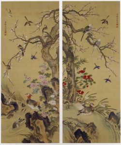 安】中国明時代画家「仇英書」絹本「漢宮春暁図長巻」巻き物