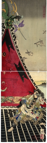 <span class="tw-text-xs tw-font-semibold">月岡芳年</span><span class="tw-text-sm tw-font-semibold">「芳流閣両雄動」</span>