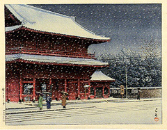 <span class="tw-text-xs tw-font-semibold">川瀬巴水</span><span class="tw-text-sm tw-font-semibold">「増上寺の雪」</span>