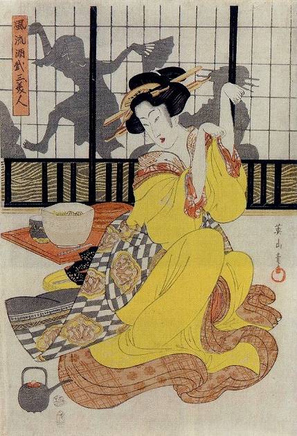 <span class="tw-text-xs tw-font-semibold">菊川英山</span><span class="tw-text-sm tw-font-semibold">「風流酒戯三美人」</span>
