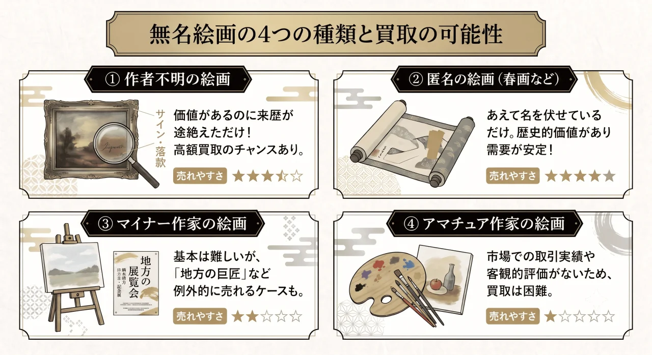 無名絵画の4つの種類とそれぞれの買取の可能性をまとめた図